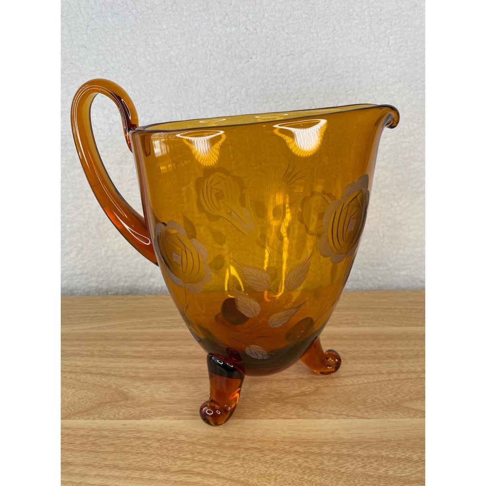Vintage Amber Glass Pitcher Etched Floral Rose Design 3-Footed Tripod 9.5 Inch